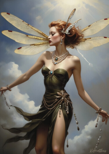 Arts numériques intitulée "Dragonfly Lady green" par Kathrin Mattheis, Œuvre d'art originale, Photo montage