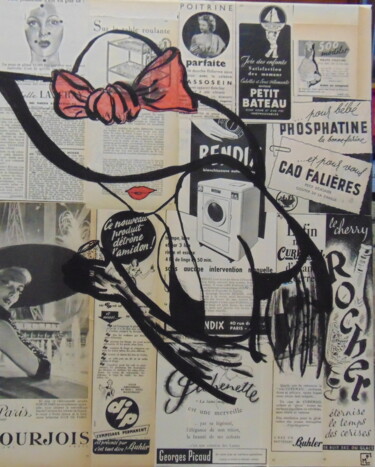 Κολάζ με τίτλο "La demoiselle" από Kathy, Αυθεντικά έργα τέχνης, Κολάζ Τοποθετήθηκε στο Ξύλινο φορείο σκελετό