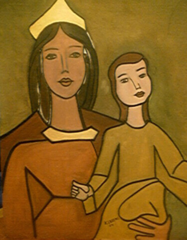 Pittura intitolato "Madonna con bambino" da Kathy Leoni, Opera d'arte originale, Olio