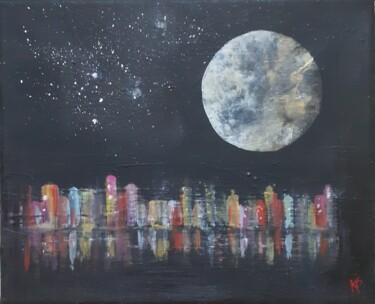 Painting titled "Dark night" by Kathypic, Original Artwork, Acrylic Mounted on Wood Stretcher frame