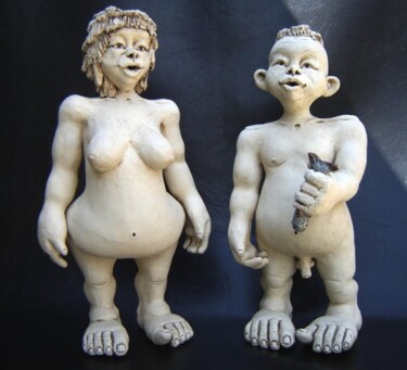 「koppel people visser」というタイトルの彫刻 Kathy Vandammeによって, オリジナルのアートワーク, テラコッタ