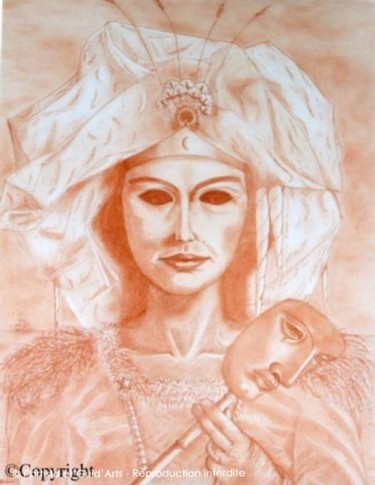 Drawing titled "Masque Visagé" by Kati Caudéran-Mounié, Original Artwork, Conté Mounted on Glass