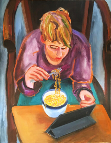 Malerei mit dem Titel "Boy eating Noodles" von Katia Ansky, Original-Kunstwerk, Öl