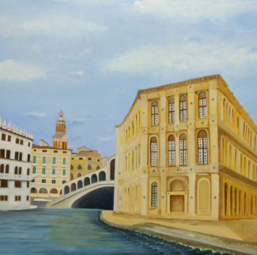 Painting titled ""Le pont du Rialto…" by Katia De Carvalho, Original Artwork, Oil Mounted on Wood Stretcher frame