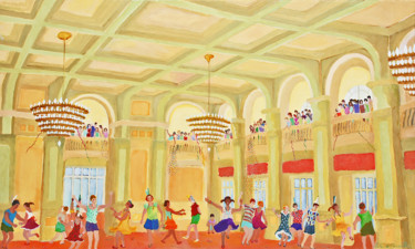 「Le bal des jeunes」というタイトルの絵画 Katia De Carvalhoによって, オリジナルのアートワーク, オイル ウッドストレッチャーフレームにマウント