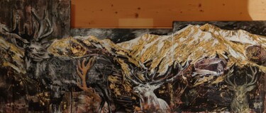 Painting titled "CERFS I" by Katia Fondecave, Original Artwork, Oil Mounted on Wood Stretcher frame