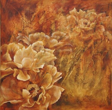 Painting titled "Pivoines" by Katia Fondecave, Original Artwork, Oil Mounted on Wood Stretcher frame