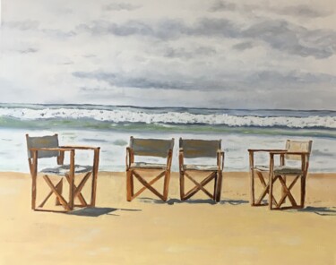 Painting titled "Chaises en plage" by Katia Slessareff, Original Artwork, Oil Mounted on Wood Stretcher frame