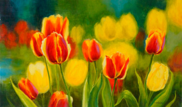 Painting titled "Tulips" by Katia Zhevno, Original Artwork, Oil Mounted on Wood Stretcher frame
