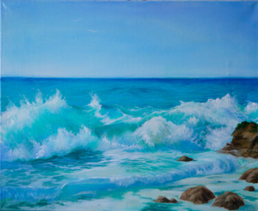 Painting titled "La mer démontée" by Katia Zhevno, Original Artwork, Oil Mounted on Wood Stretcher frame