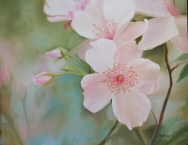 Painting titled "Rosehip (les roses…" by Katia Zhevno, Original Artwork, Oil Mounted on Wood Stretcher frame