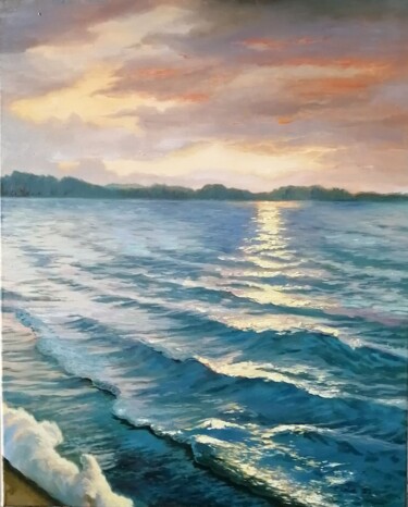 Schilderij getiteld "Sunset on the lake" door Katia Zhevno, Origineel Kunstwerk, Olie Gemonteerd op Frame voor houten branca…