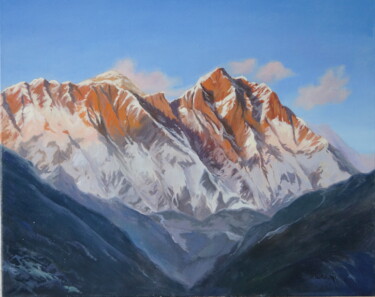 Painting titled "Sunrise in mountains" by Katia Zhevno, Original Artwork, Oil Mounted on Wood Stretcher frame