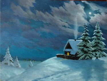 Painting titled "Winter night" by Katia Zhevno, Original Artwork, Oil Mounted on Wood Stretcher frame