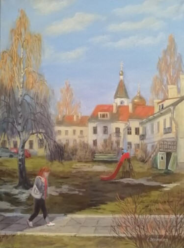 Painting titled "A spring evening" by Katia Zhevno, Original Artwork, Oil Mounted on Wood Stretcher frame