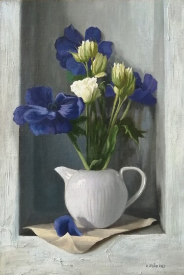 Malerei mit dem Titel "Purple anemones" von Katia Zhevno, Original-Kunstwerk, Öl Auf Holzplatte montiert
