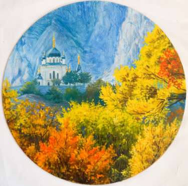 Painting titled "Foros Church in aut…" by Katia Zhevno, Original Artwork, Oil Mounted on Wood Panel