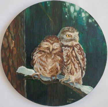 Painting titled "Owls" by Katia Zhevno, Original Artwork, Oil Mounted on Wood Panel