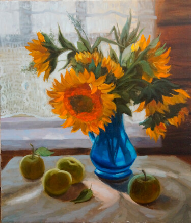 Painting titled "Sunflowers" by Katia Zhevno, Original Artwork, Oil Mounted on Wood Stretcher frame