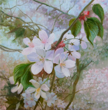 Painting titled "Cherry blossom" by Katia Zhevno, Original Artwork, Oil Mounted on Wood Stretcher frame
