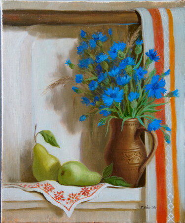 Pintura intitulada "Cornflowers on Russ…" por Katia Zhevno, Obras de arte originais, Óleo Montado em Armação em madeira