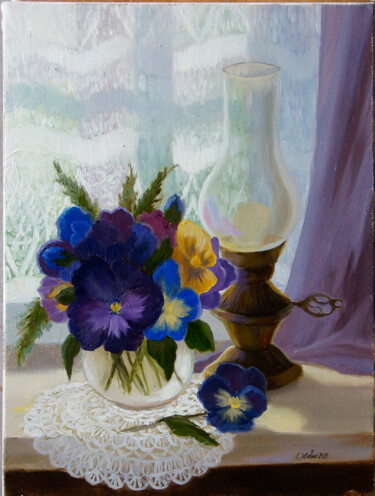 Painting titled "Pansies" by Katia Zhevno, Original Artwork, Oil Mounted on Wood Stretcher frame