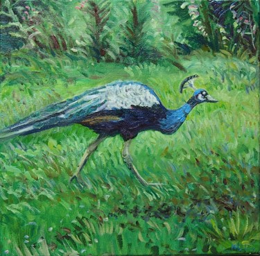 Painting titled "Peacock" by Katie O'Looney, Original Artwork, Oil Mounted on Wood Stretcher frame