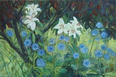 Painting titled "Echinops Prunus and…" by Katie O'Looney, Original Artwork, Oil Mounted on Wood Stretcher frame