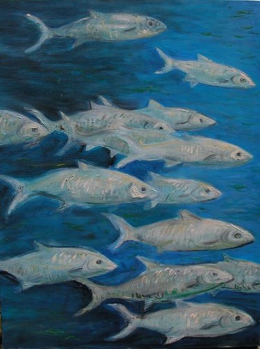 Painting titled "School of Fish" by Katie O'Looney, Original Artwork, Oil Mounted on Wood Stretcher frame