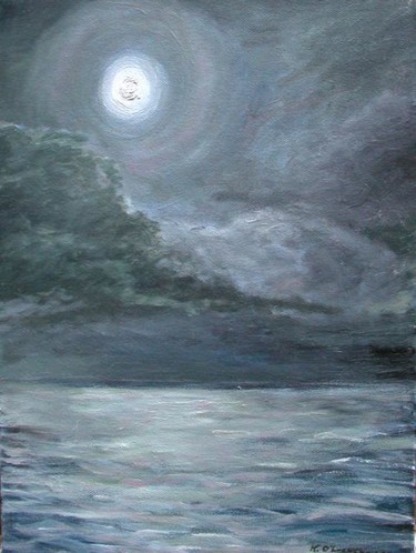 Painting titled "Moonscape,Harbor Is…" by Katie O'Looney, Original Artwork