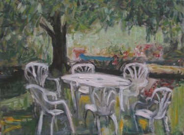 Pittura intitolato "white chairs and ta…" da Katie O'Looney, Opera d'arte originale
