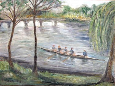 Painting titled "Girls Rowing on the…" by Katie O'Looney, Original Artwork, Oil Mounted on Wood Stretcher frame