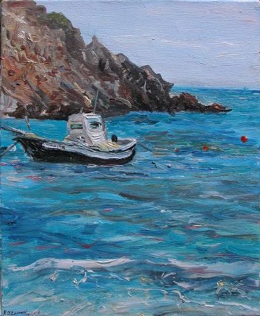 Painting titled "fishing boat along…" by Katie O'Looney, Original Artwork, Oil Mounted on Wood Stretcher frame