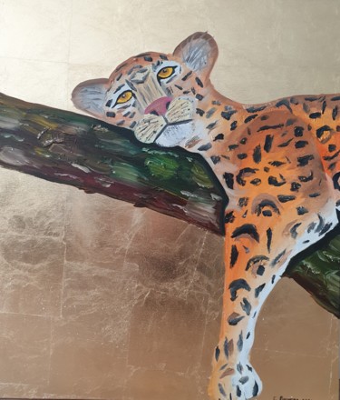 Peinture intitulée "The Leopard in gold" par Ekaterina Adamova, Œuvre d'art originale, Huile