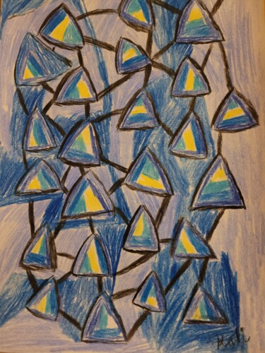 Schilderij getiteld "Triangels Blue Yell…" door Katja Bock, Origineel Kunstwerk, Conté