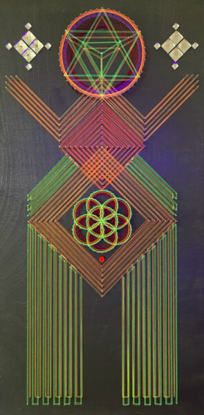 Painting titled "Genesis" by Katja Lisitina, Original Artwork, String Art Mounted on Wood Panel