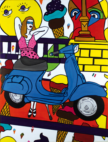 Painting titled "Woman with Vespa in…" by Katja M. Zippo, Original Artwork, Acrylic