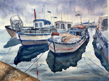 Painting titled "Old Boats" by Katja Vollmer, Original Artwork, Watercolor