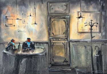 Painting titled "Evening in Cafe" by Katja Vollmer, Original Artwork, Watercolor