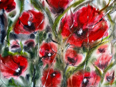Painting titled "Poppies 1" by Katja Vollmer, Original Artwork, Watercolor