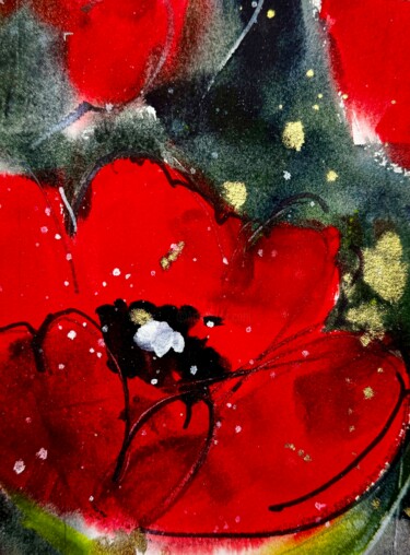 Painting titled "Red flower #1 with…" by Katja Vollmer, Original Artwork, Watercolor