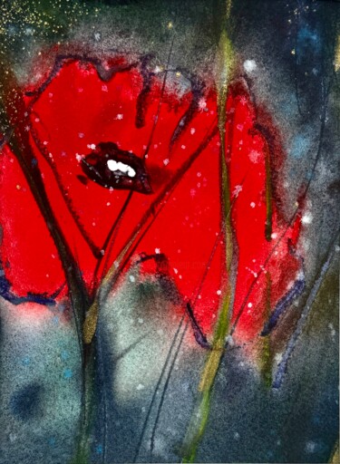 Schilderij getiteld "Red flower #2 with…" door Katja Vollmer, Origineel Kunstwerk, Aquarel