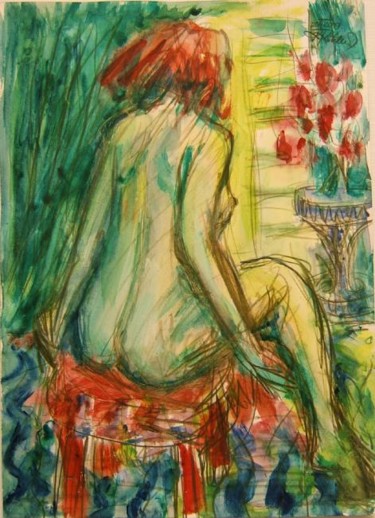 Painting titled "Sitting Female Nude" by Katerina Koehlerova, Original Artwork, Oil