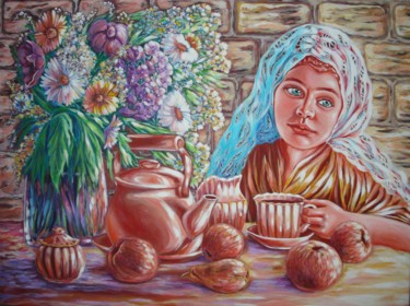 Painting titled "IVETA DRINKING TEA" by Katreen Queen, Original Artwork