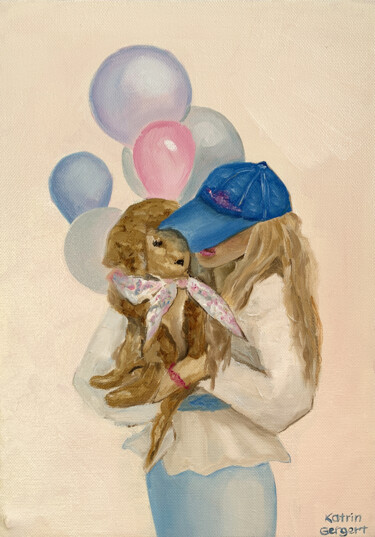 Картина под названием "A girl with a puppy" - Katrin Gergert, Подлинное произведение искусства, Масло