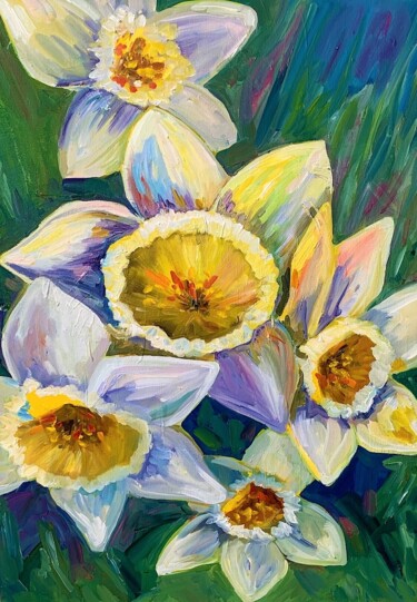 Painting titled "Daffodils" by Katrin Gergert, Original Artwork, Oil Mounted on Wood Stretcher frame