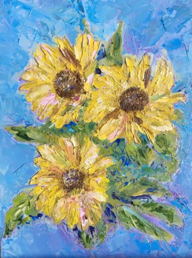 Malerei mit dem Titel "Sunflowers" von Katrin Gergert, Original-Kunstwerk, Öl Auf Karton montiert