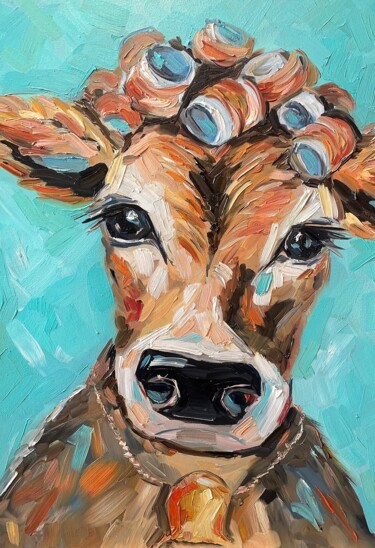 Painting titled "cow in curlers" by Katrin Gergert, Original Artwork, Oil