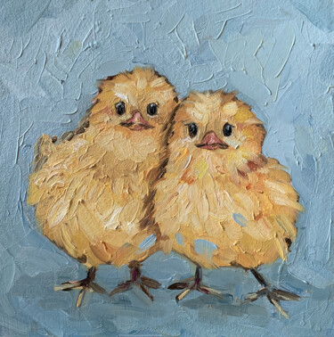 Painting titled "Chickens" by Katrin Gergert, Original Artwork, Oil Mounted on Wood Panel