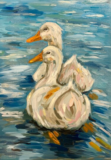 Painting titled "A couple of ducks" by Katrin Gergert, Original Artwork, Oil Mounted on Wood Stretcher frame
